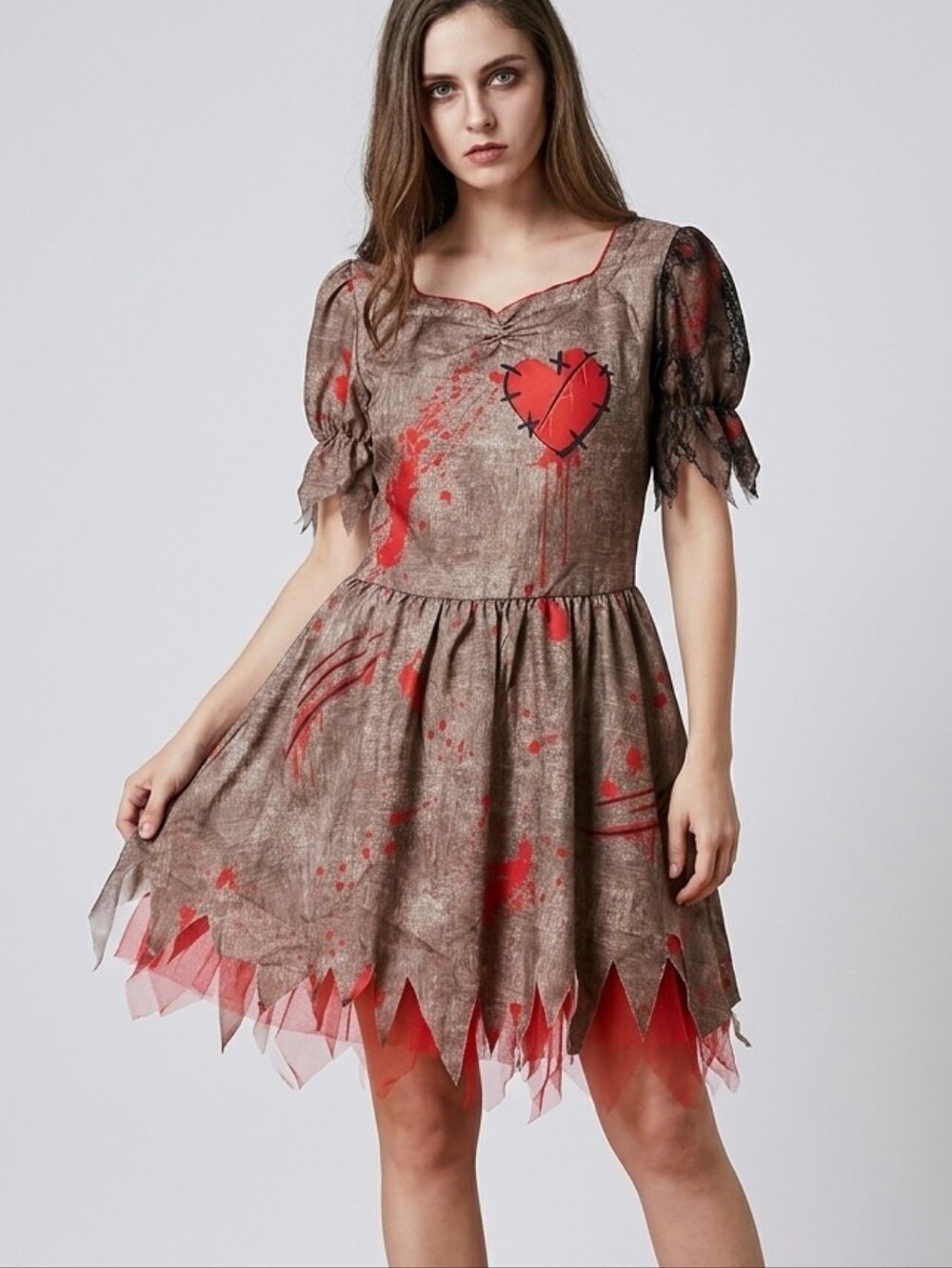 Creepy Voodoo Doll Blood Splatter Tulle Costume Dress M Brown Red